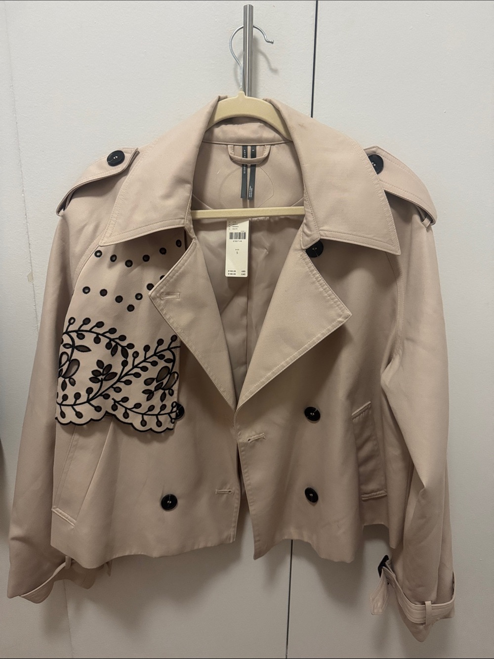 Anthropologie Beige Cropped Trench Coat with Black Embroidery
